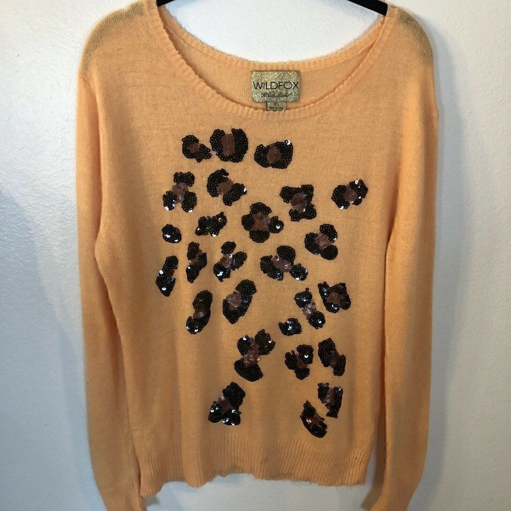 Wildfox White Label sweater Sz XS sequin cheetah apricot Angora blend